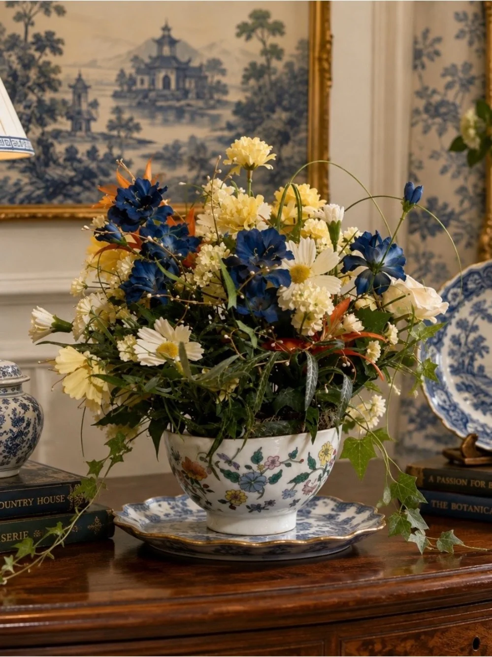 Grandmillennial Floral Arrangement in Decorative Porcelain Bowl English Country